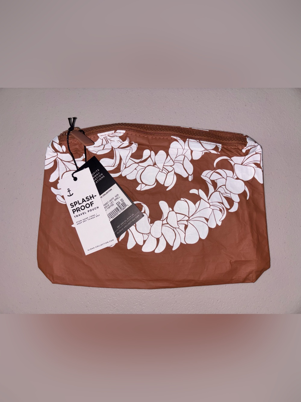 Splash-Proof Brown Travel Pouch with White Floral Print